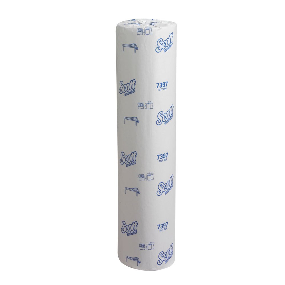 A Scott® doctor's roll - roll (38.00 cm x 51.00 cm) from Kimberly-Clark GmbH for hygienic patient care, packaged in white with blue Scott logos, stands upright on a plain white background.