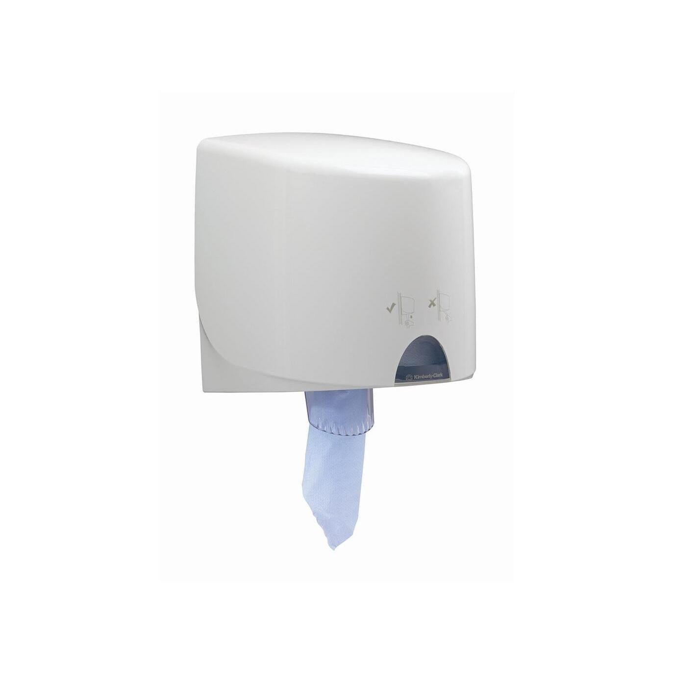 The blue, 1-ply paper towel dispenser WypAll® L10 from Kimberly-Clark GmbH supports hygiene in food areas with central dispensing, simple symbols, and a visible, ready-to-use sheet. Each box contains 6 rolls with 800 sheets.