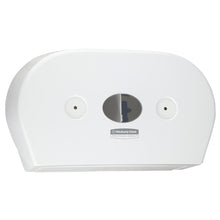 The wall-mounted Aquarius™ toilet paper dispenser - central pull in white (Jumbo) by Kimberly-Clark GmbH features an oval viewing window, two round central dispensers, and the Kimberly-Clark Professional logo below the window.