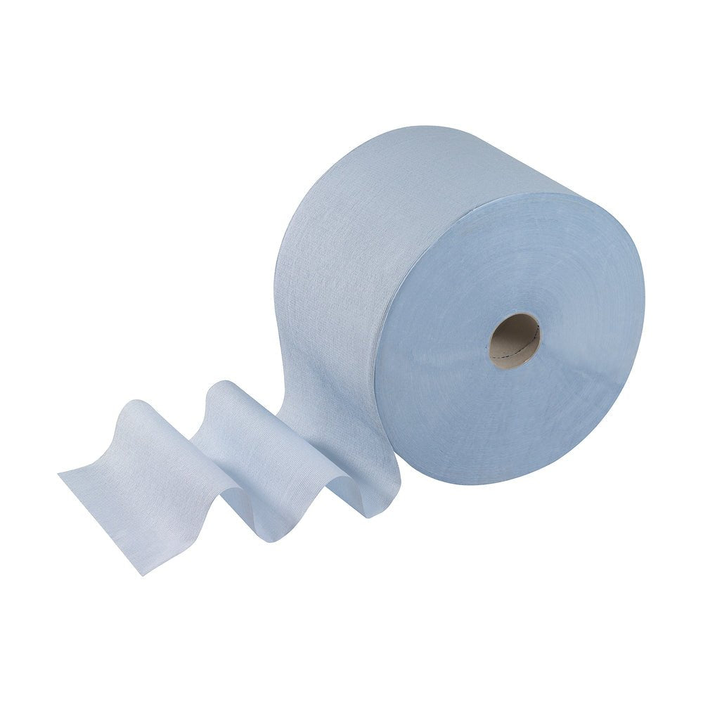 A WypAll® L10 EXTRA wiping cloths large roll in blue from Kimberly-Clark GmbH, consisting of 1 roll with 1500 sheets, is partially unrolled and displayed against a simple white background.