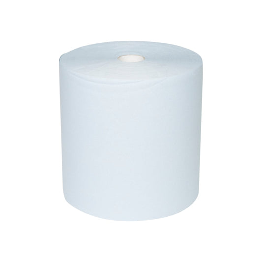 A large WypAll® L10 paper wipe for surfaces large roll (38.00 cm x 32.50 cm) by Kimberly-Clark GmbH stands upright against a white background - ideal for surface cleaning thanks to its extra wide, cylindrical shape with visible hollow core.