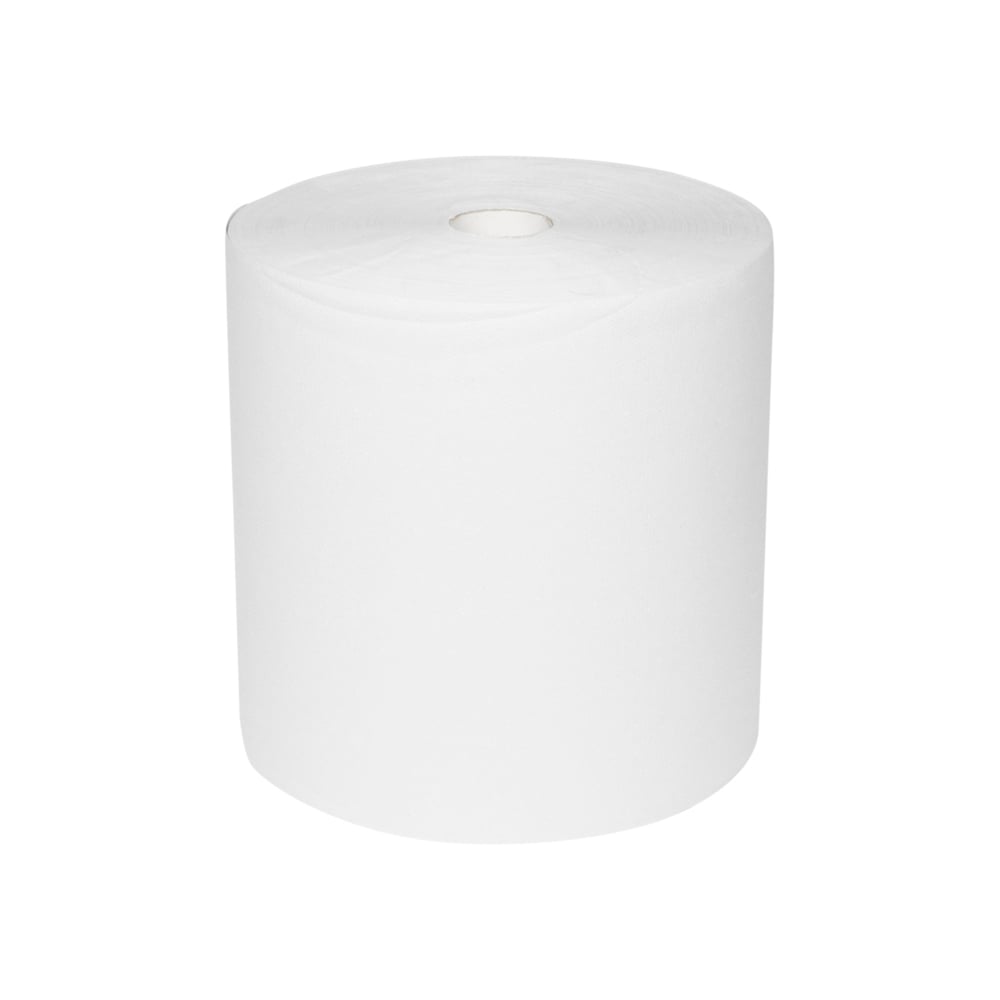 A large, white WypAll® L10 paper wipe for surfaces - large roll (extra wide, 38.00 cm x 32.50 cm) by Kimberly-Clark GmbH stands upright on a solid white background and features a small cardboard tube in the middle for efficient cleaning.