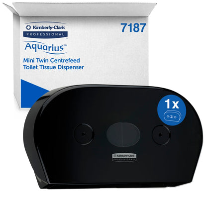 A black Kimberly-Clark Professional™ toilet paper dispenser - center-pull/Jumbo by Kimberly-Clark GmbH is depicted in front of its white and blue packaging box labeled with product information and the number 7187.