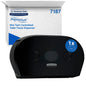A black Kimberly-Clark Professional™ toilet paper dispenser - center-pull/Jumbo by Kimberly-Clark GmbH is depicted in front of its white and blue packaging box labeled with product information and the number 7187.