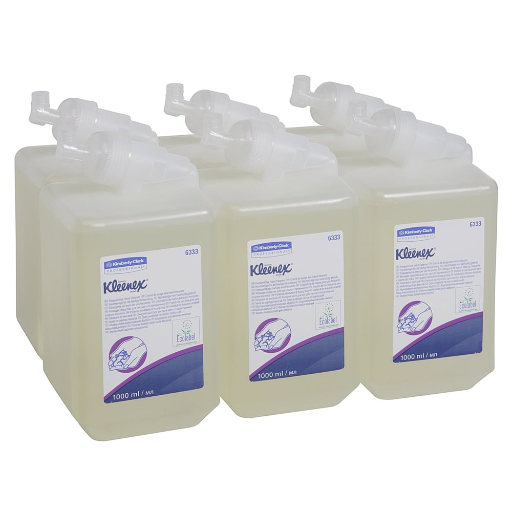 Six transparent 1-liter Kleenex® Gentle Wash Lotion cassettes from Kimberly-Clark GmbH are arranged in two rows, each showing the brand name and product information on the label; the package contains 6 cassettes per carton.