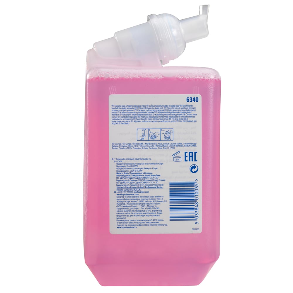 A pink 1L Scott® Essential™ foam soap refill cassette from Kimberly-Clark GmbH with a clear dispenser cap and labeled front - ideal for daily use; comes in a box with 6 cartridges.