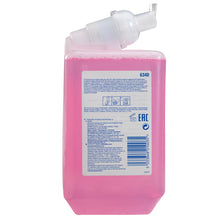 A pink 1L Scott® Essential™ foam soap refill cassette from Kimberly-Clark GmbH with a clear dispenser cap and labeled front - ideal for daily use; comes in a box with 6 cartridges.