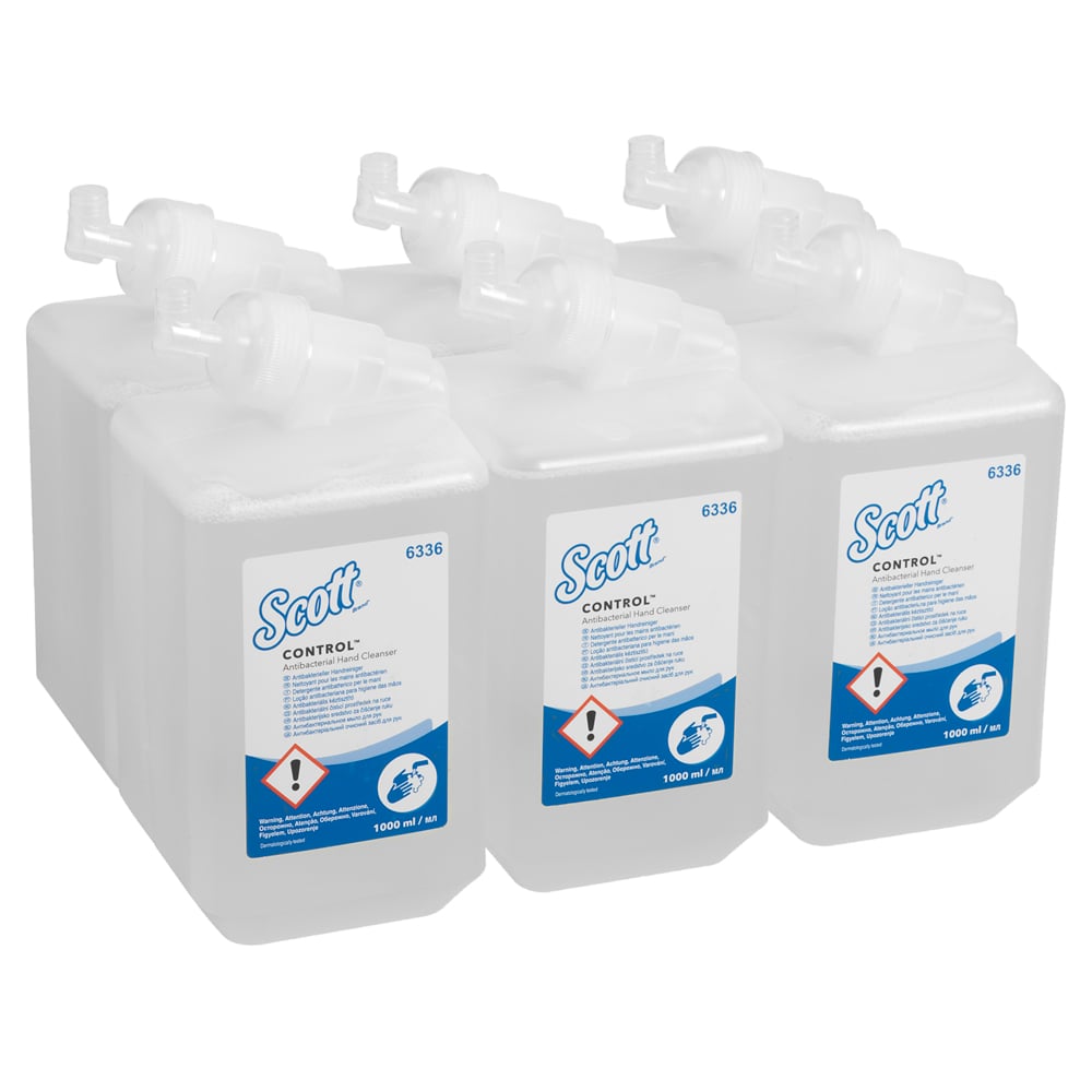 Six transparent 1L "Scott® Control™" antibacterial hand cleaning cassettes from Kimberly-Clark GmbH, packaged as 6 units per carton, offer hygienic hand cleaning with easy-to-handle cartridges for effective hygiene.