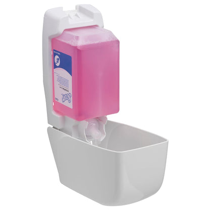 A wall-mounted Scott® Essential™ foam soap dispenser from Kimberly-Clark GmbH displays a large pink 1L cassette inside and a white drip tray below - ideal for daily hand cleaning.