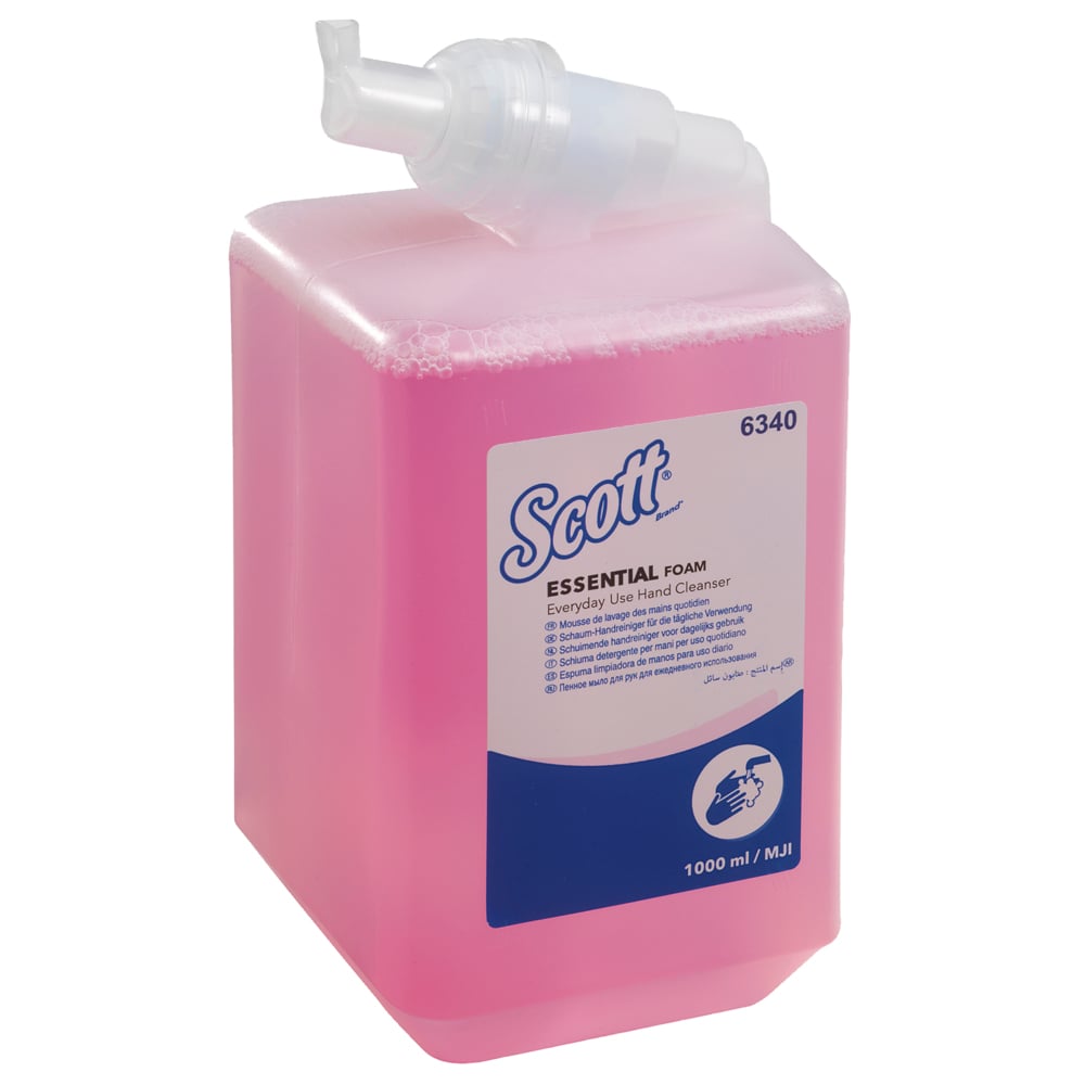 A 1 L Scott® Essential™ foam soap cassette from Kimberly-Clark GmbH for daily hand cleaning, pink soap, with a clear dispensing nozzle and blue-white label. Pack of 6 cartridges.