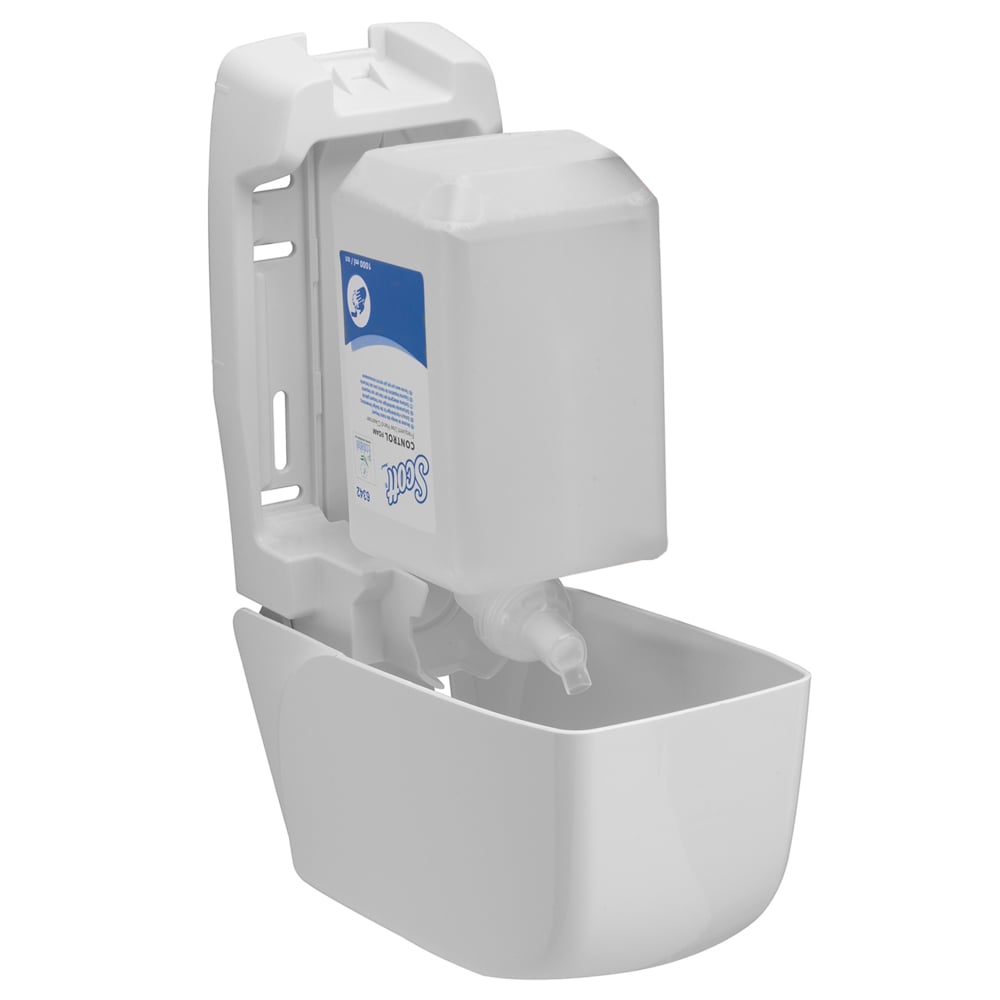 A wall-mounted white Scott® Control™ foam hand cleanser soap dispenser from Kimberly-Clark GmbH with an open front flap shows a 1L cassette inside. The refillable dispenser is ideal for frequent use and features a labeled container and a downward-facing nozzle for easy soap dispensing.