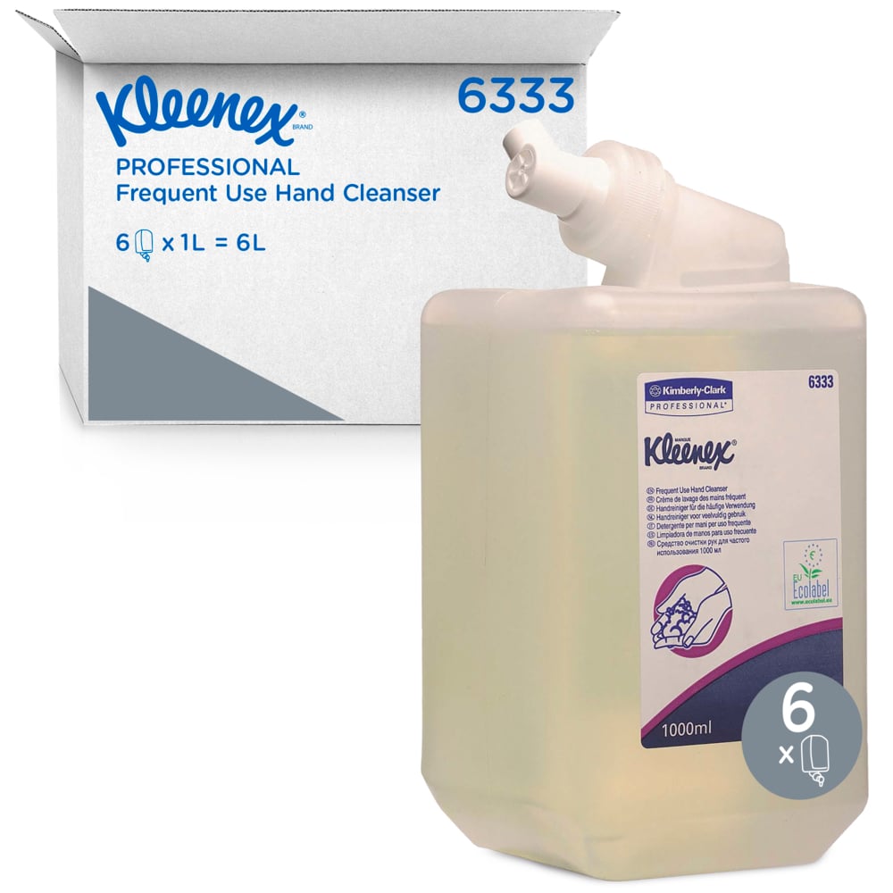 A 1-liter Kleenex® Gentle Wash Lotion cassette from Kimberly-Clark GmbH is pictured in front of its box, which contains six transparent 1-liter cassettes (6 cartridges).