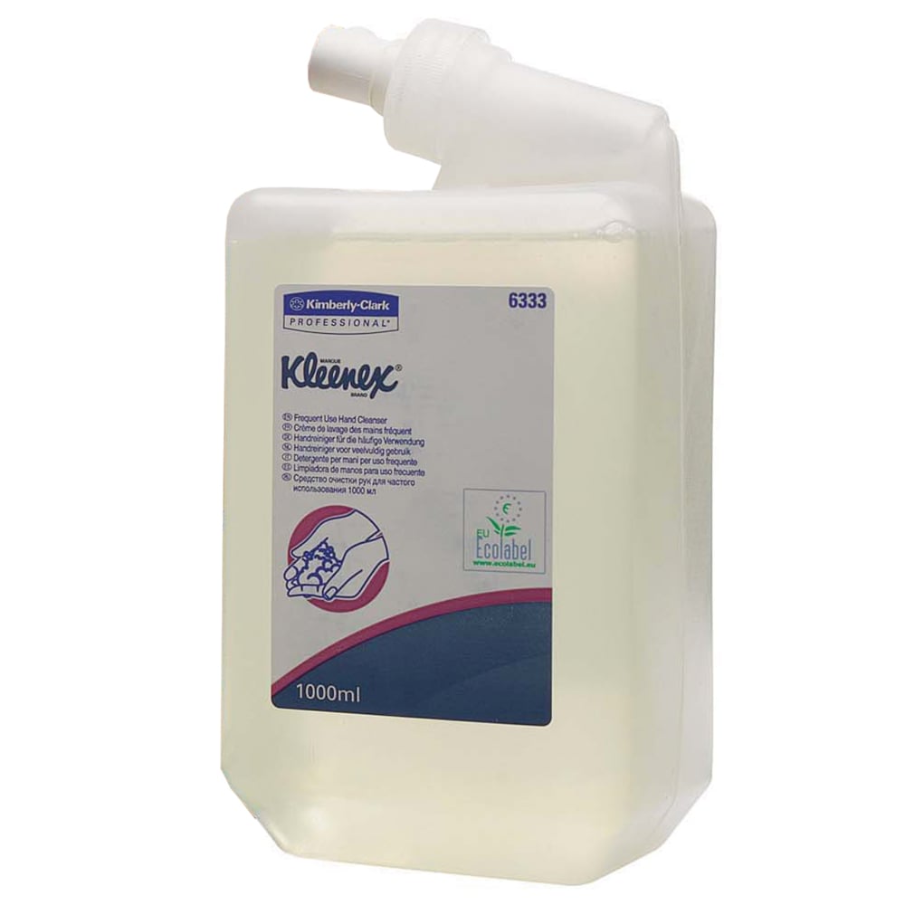 A 1L Kleenex® Gentle Wash Lotion cassette from Kimberly-Clark GmbH in a clear container with a blue-white label, dispensing nozzle, eco-label certified. Sold in a carton with 6 transparent cassettes (6 cartridges).
