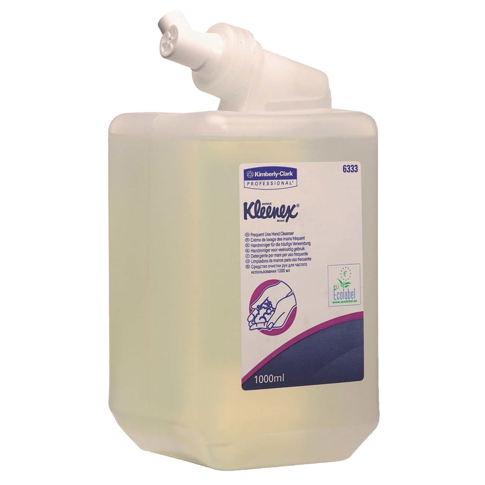 The Kleenex® Gentle Wash Lotion 1L cassette from Kimberly-Clark GmbH is transparent, features a white nozzle and a label with instructions, an eco-label, and is delivered in boxes with 6 cassettes.