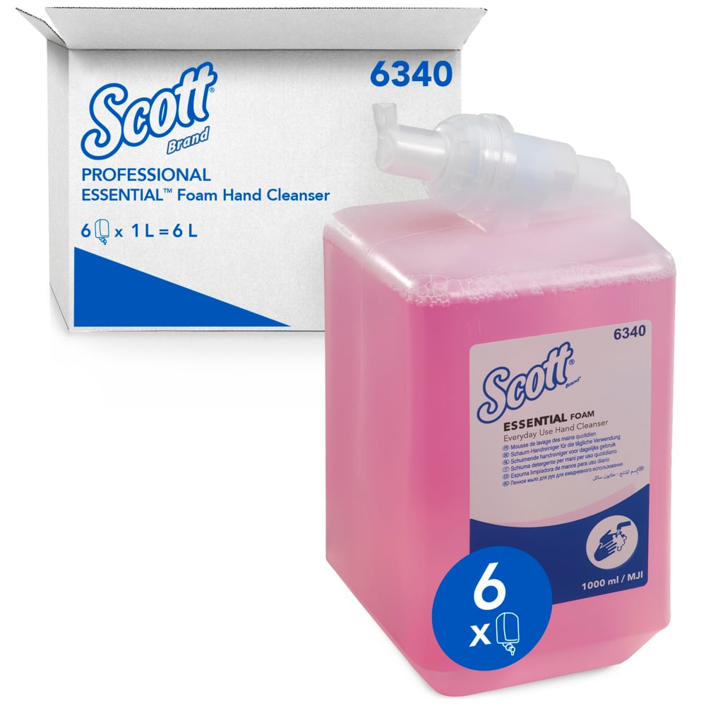 The Scott® Essential™ foam soap for daily use (1 L, pink, cassette) from Kimberly-Clark GmbH is available in a box with 6 cartridges - a total of 6 liters refill volume for your hand hygiene.