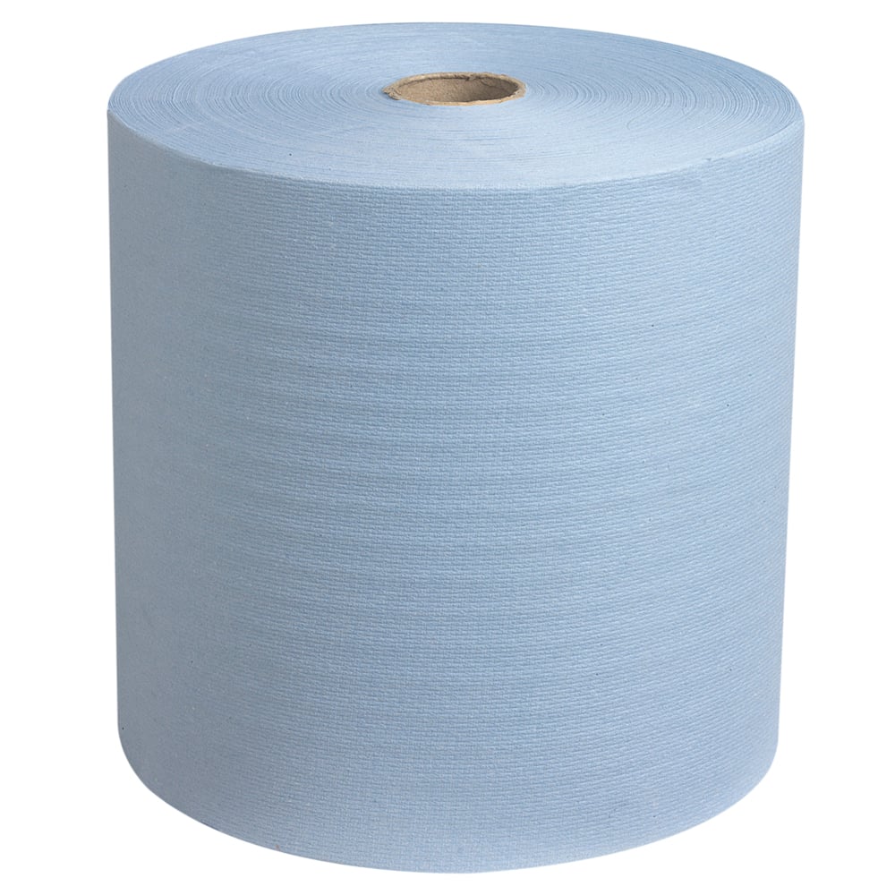 A large roll of Scott® hand towels - roll (304.00 m x 19.80 cm) from Kimberly-Clark GmbH with a cardboard core stands upright on a white background, offering a practical and sustainable towel solution for the workplace.