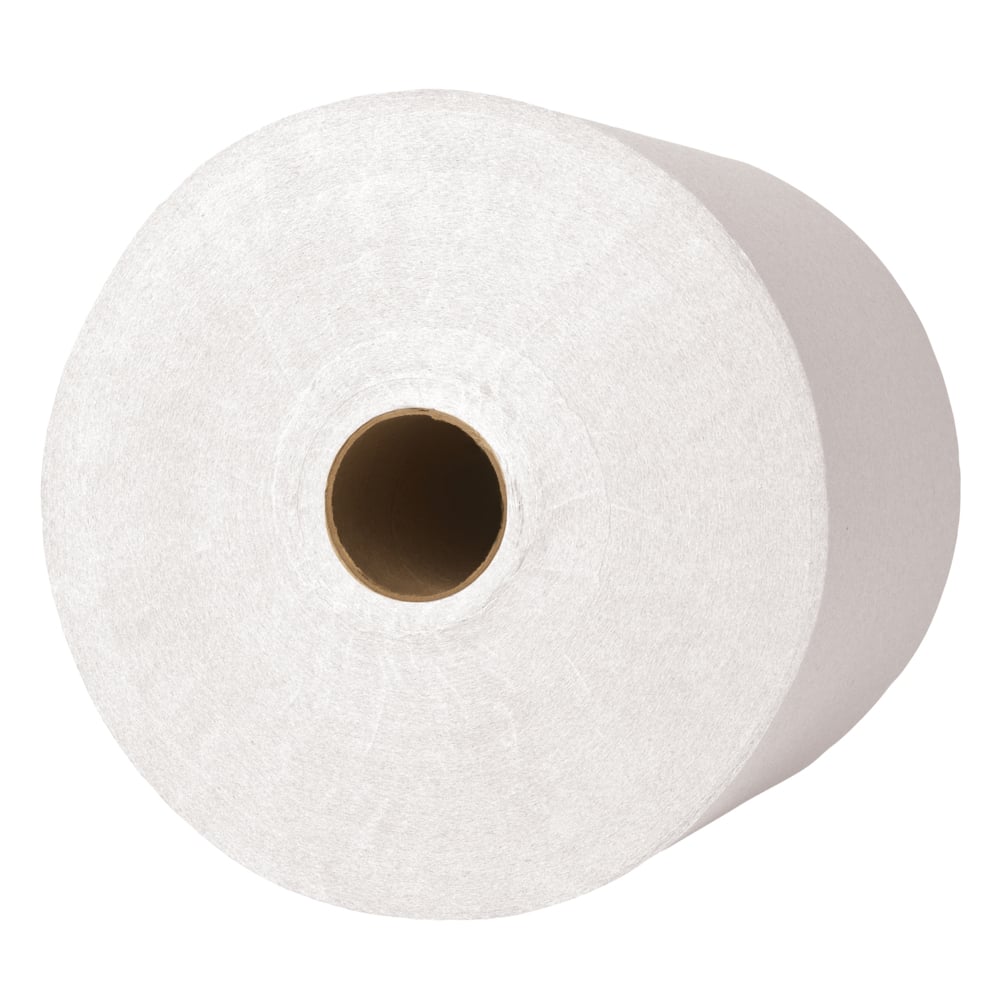 The Scott® hand towel roll (304.00 m x 19.80 cm) from Kimberly-Clark GmbH is a large, white industrial towel roll with a brown cardboard core, depicted from above on a plain white background.