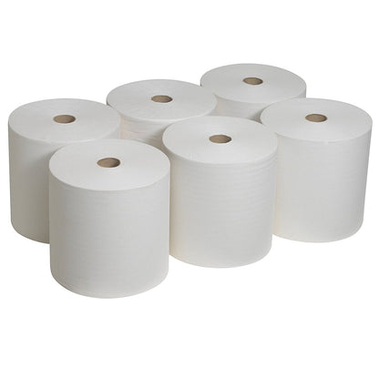 Six large Scott® hand towel rolls (304 m x 19.8 cm) from Kimberly-Clark GmbH lie in two rows on a plain background; each sustainable roll features a brown cardboard core.