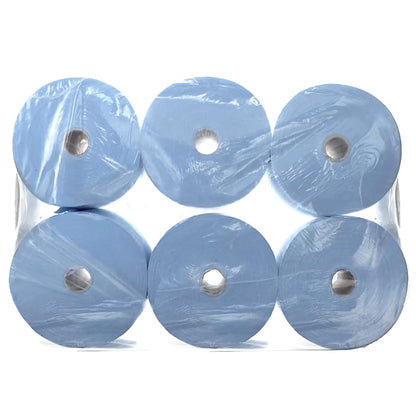 Six large Scott® hand towel rolls (304.00 m x 19.80 cm) from Kimberly-Clark GmbH are stacked in two rows of three and packaged together in a clear plastic packaging.