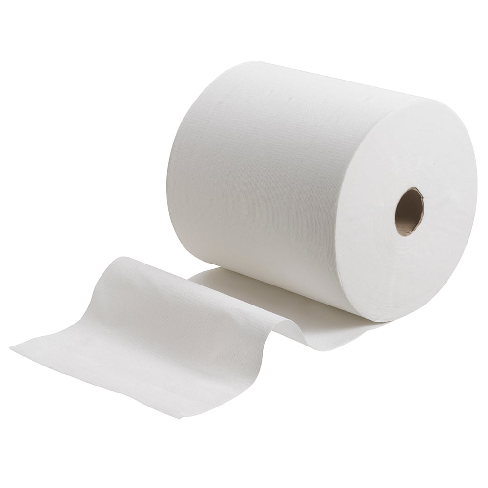 A large Scott® hand towel roll (304.00 m x 19.80 cm) from Kimberly-Clark GmbH is partially unrolled on a plain white background to highlight its quality and functionality.