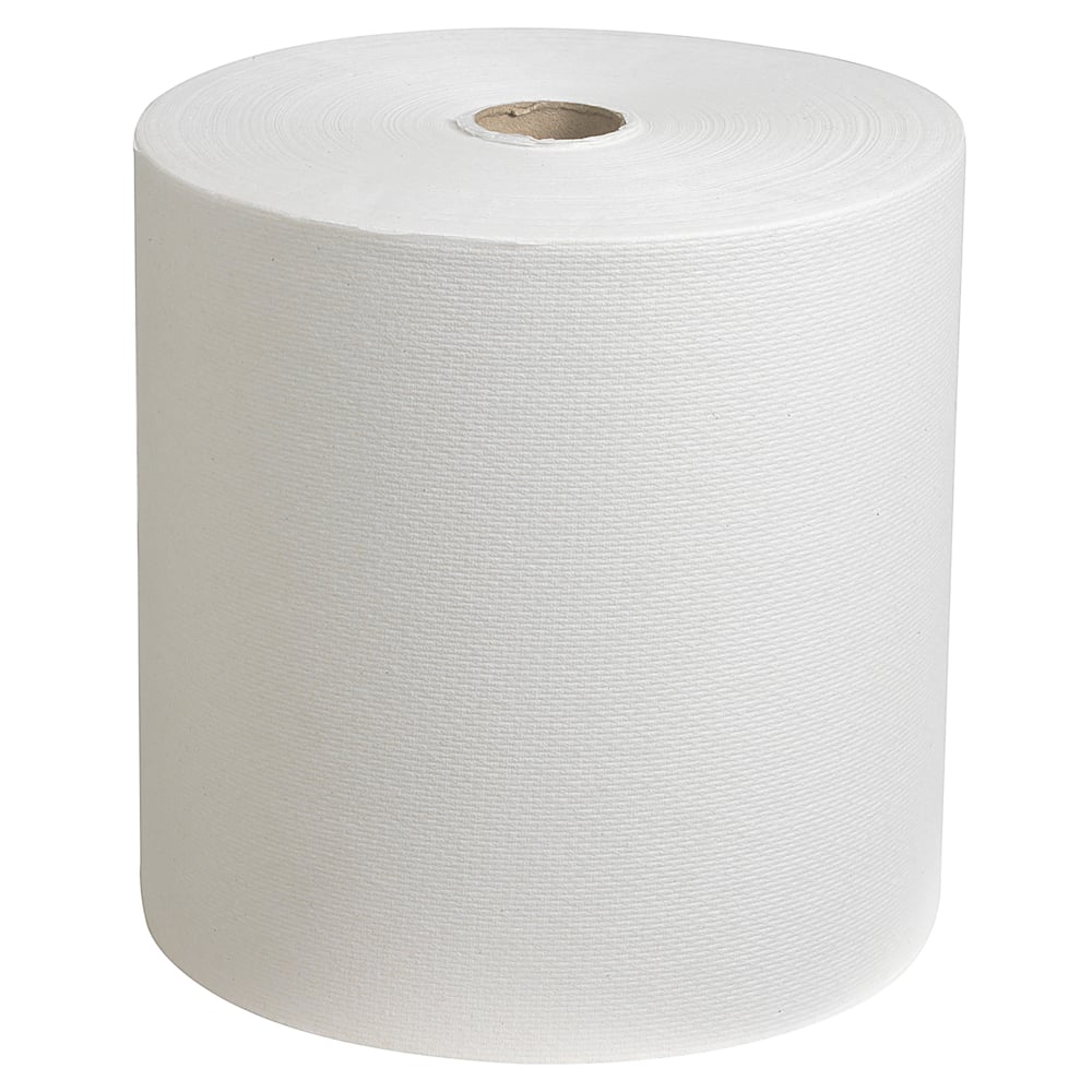 A Scott® hand towel roll (304.00 m x 19.80 cm) from Kimberly-Clark GmbH stands upright, showcasing its textured surface and hollow core for everyday practicality.