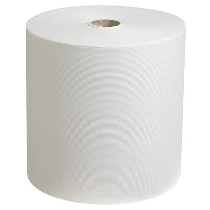 A Scott® hand towel roll (304.00 m x 19.80 cm) from Kimberly-Clark GmbH stands upright, showcasing its textured surface and hollow core for everyday practicality.