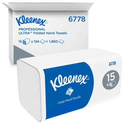 A Kleenex® White Folded Hand Towel (Large Pack) from Kimberly-Clark GmbH is displayed in front of a branded shipping carton; both contain 15 packs of 124 sheets each (15 packs per carton), for a total of 1,860 hand towels.