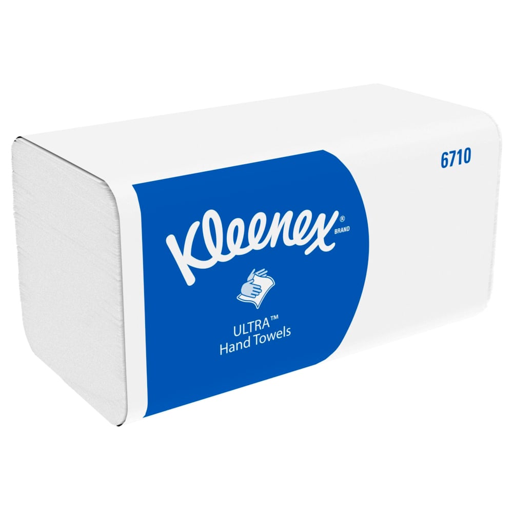 A rectangular box of Kleenex® Ultra™ folded hand towels Interfold, White, 15 x 96 sheets from Kimberly-Clark GmbH - ideal for hygienic hand drying, with blue label, brand name, hand symbol, and product number 6710.