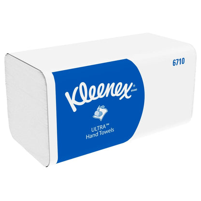 A rectangular box of Kleenex® Ultra™ folded hand towels Interfold, White, 15 x 96 sheets from Kimberly-Clark GmbH - ideal for hygienic hand drying, with blue label, brand name, hand symbol, and product number 6710.
