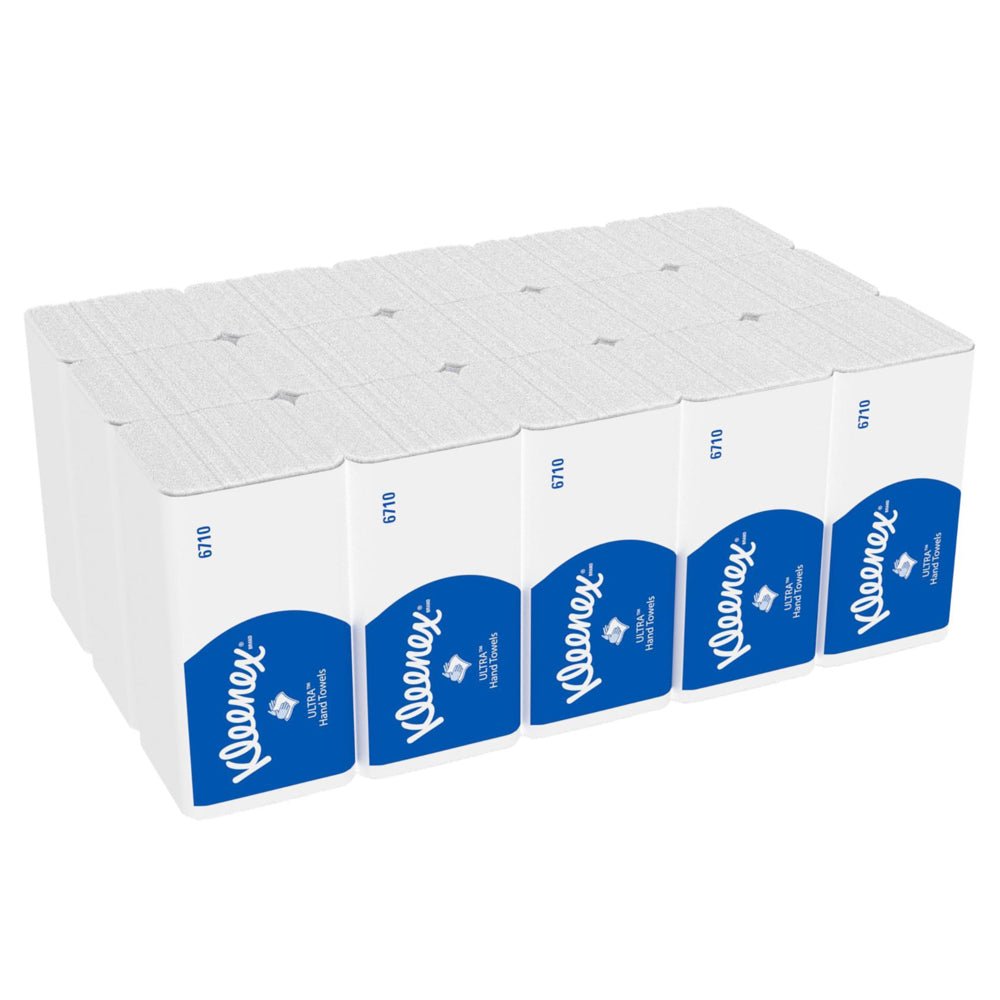 A carton with 15 packs of Kleenex® Ultra™ folded hand towels Interfold (white, 96 sheets per pack) from Kimberly-Clark GmbH, ideal for hygienic hand drying.