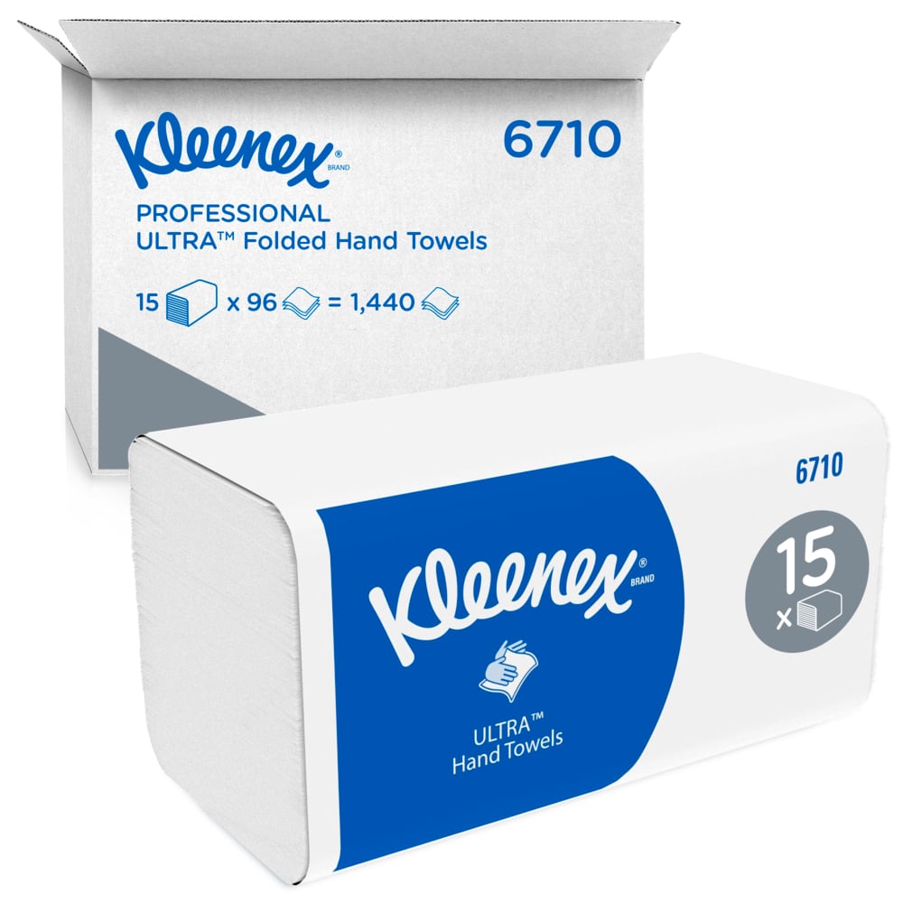 The Kleenex® Ultra™ folded hand towels from Kimberly-Clark GmbH contain 15 packs with 96 white folded hand towels (a total of 1,440 pieces) in a blue-white packaging for hygienic hand drying in any environment.