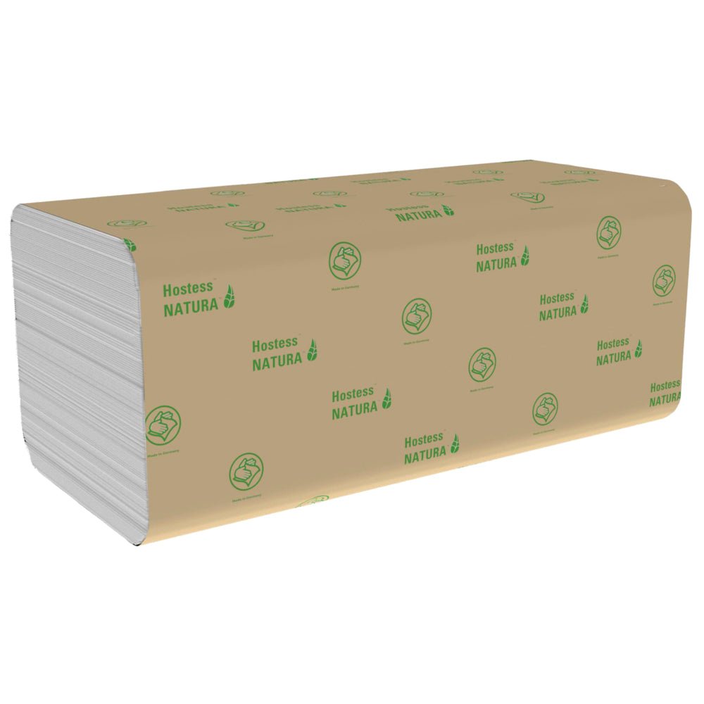 A stack of Hostess™ NATURA™ hand towels - zig-zag fold, small (23.00 cm x 25.00 cm) from Kimberly-Clark GmbH in eco-friendly packaging - ideal, eco-friendly towels for any environment.