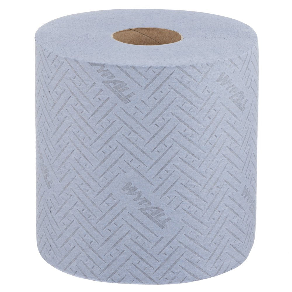 A box with 6 rolls (each 400 sheets) of WypAll® L20 blue 2-ply paper wipes from Kimberly-Clark GmbH, ideal for maintenance work and central dispensing.