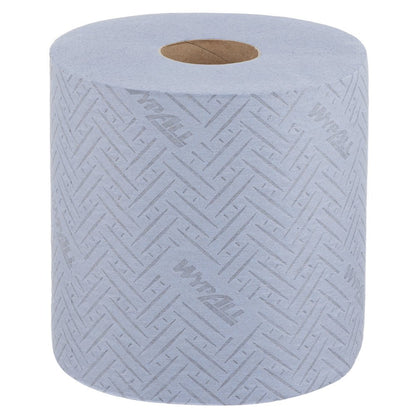 A box with 6 rolls (each 400 sheets) of WypAll® L20 blue 2-ply paper wipes from Kimberly-Clark GmbH, ideal for maintenance work and central dispensing.