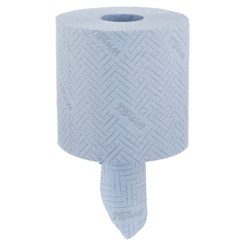 A large roll of blue, 2-ply WypAll® L20 paper wipes for maintenance work from Kimberly-Clark GmbH for central dispensing. The embossed sheet hangs down and is printed with "TITAN". Isolated on a white background.