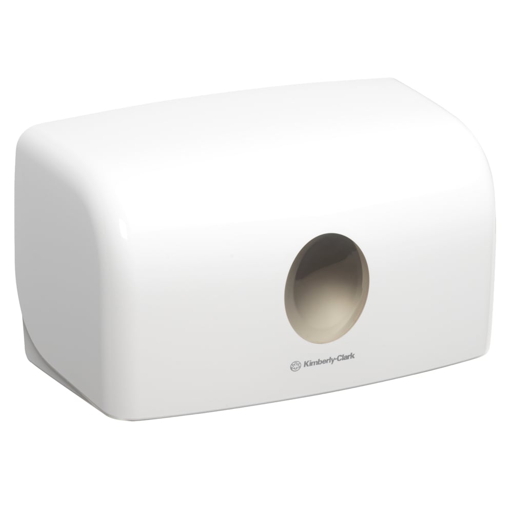 The Aquarius™ dispenser for folded towels (white, small) from Kimberly-Clark GmbH offers hygienic towel removal through its modern design and central opening.