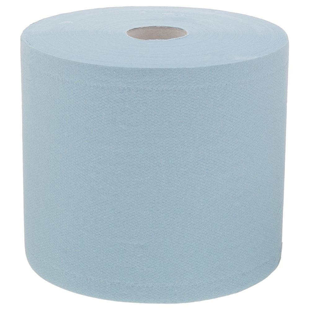 The WypAll® L20 paper wipe for maintenance work - large roll in blue (1 roll x 500 sheets) from Kimberly-Clark GmbH stands upright against a white background - ideal for maintenance and cleaning tasks.