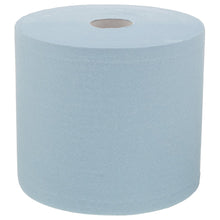 The WypAll® L20 paper wipe for maintenance work - large roll in blue (1 roll x 500 sheets) from Kimberly-Clark GmbH stands upright against a white background - ideal for maintenance and cleaning tasks.