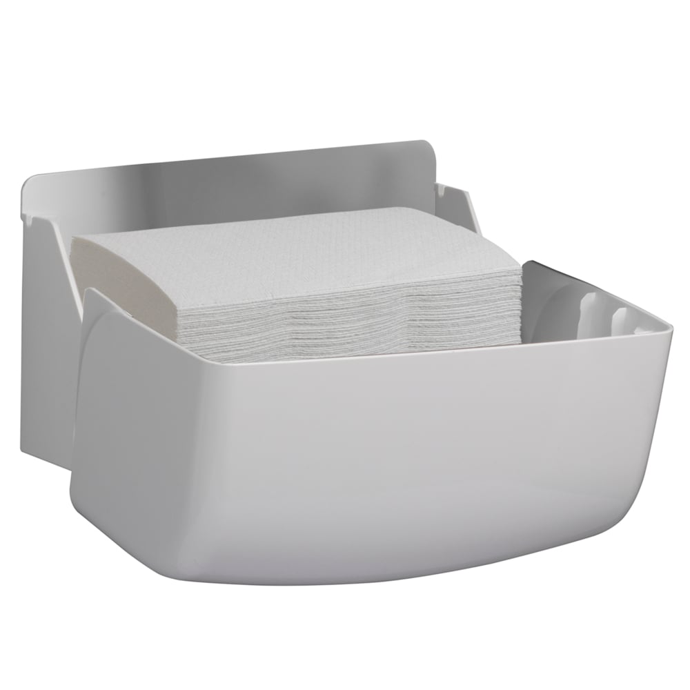 The Aquarius™ dispenser for folded towels from Kimberly-Clark GmbH is a small, wall-mounted white dispenser with open front access for hygienic towel dispensing. 1 dispenser per box.