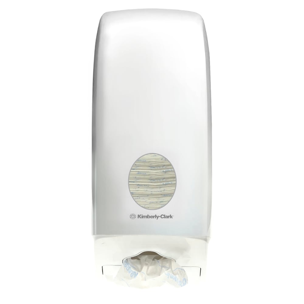 A wall-mounted Aquarius™ toilet paper dispenser by Kimberly-Clark GmbH in white with a transparent viewing window for monitoring the paper supply and a bottom dispenser for hygienic storage - ideal for any environment.