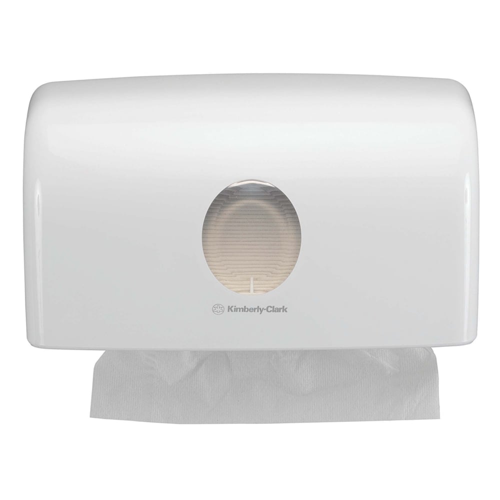 The Aquarius™ dispenser for folded towels - MultiFold White (Small) from Kimberly-Clark GmbH is a wall-mounted towel dispenser with a viewing window for hygienic single dispensing - ideal for any washroom.