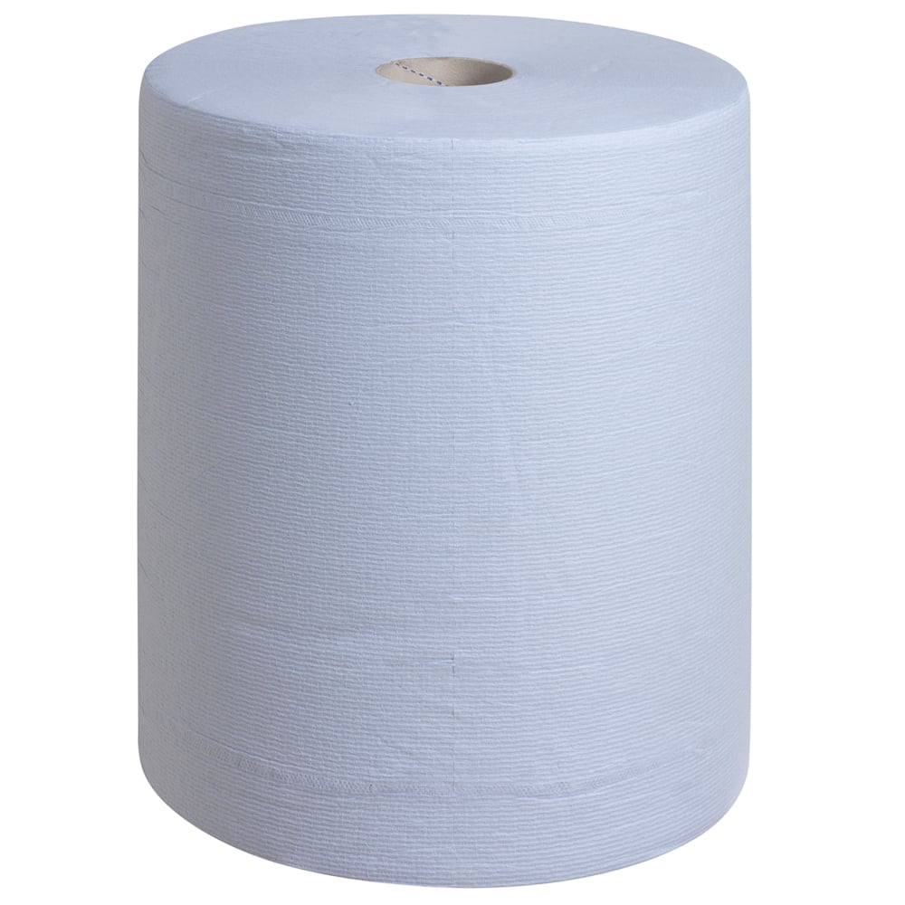 A large, extra-wide blue WypAll® L20 paper wipe large roll (1 roll x 500 sheets) from Kimberly-Clark GmbH stands upright on a white background - ideal for maintenance work.