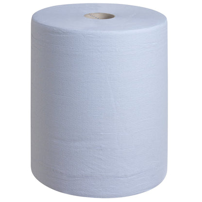 A large, extra-wide blue WypAll® L20 paper wipe large roll (1 roll x 500 sheets) from Kimberly-Clark GmbH stands upright on a white background - ideal for maintenance work.