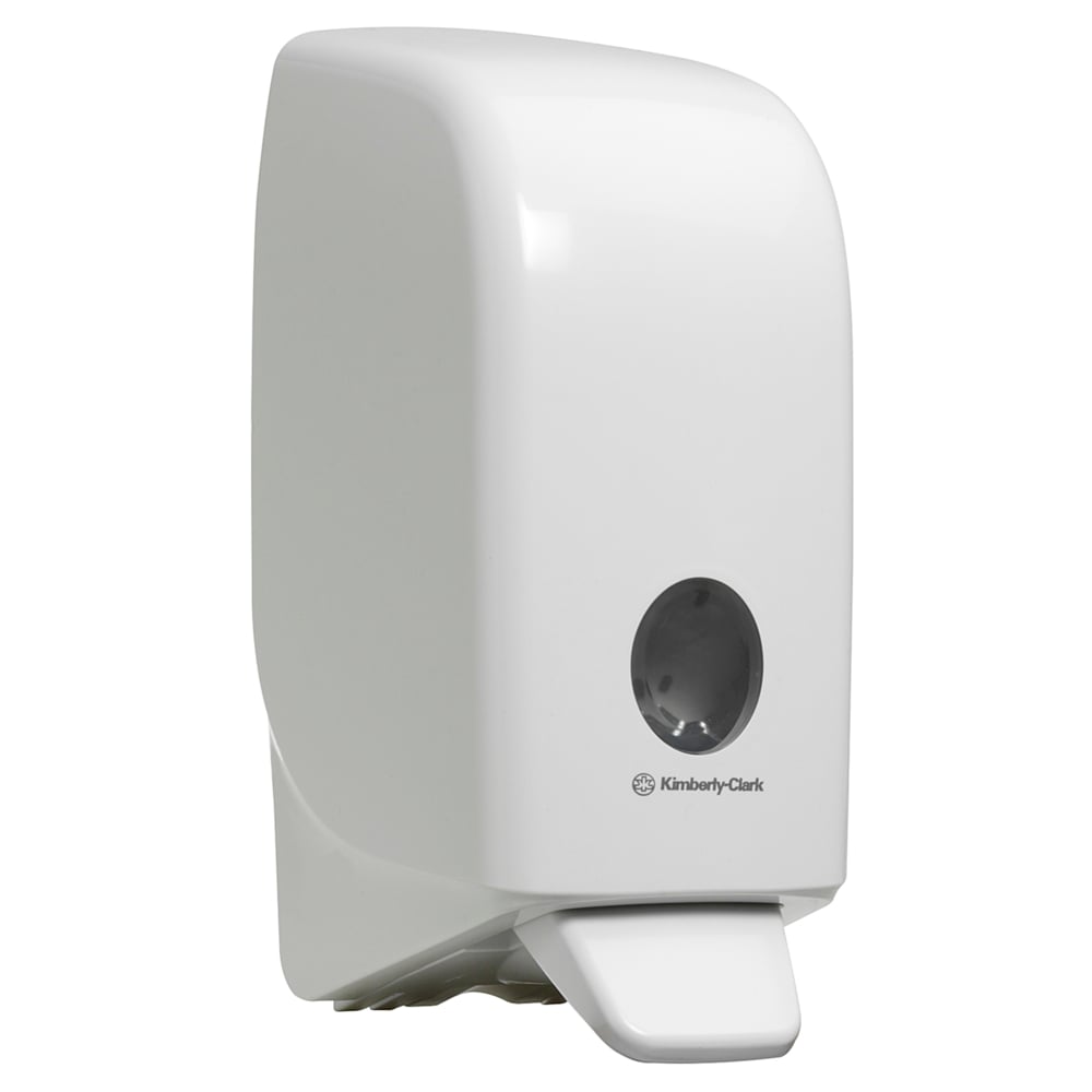 The Aquarius™ Hand Wash Dispenser, 1 Ltr Cartridge, White, by Kimberly-Clark GmbH, is a wall-mounted soap dispenser with a push lever and a viewing window—ideal as a hygienic hand-cleaning dispenser.