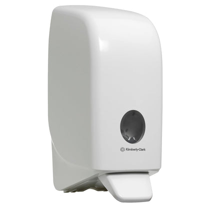 The Aquarius™ Hand Wash Dispenser, 1 Ltr Cartridge, White, by Kimberly-Clark GmbH, is a wall-mounted soap dispenser with a push lever and a viewing window—ideal as a hygienic hand-cleaning dispenser.