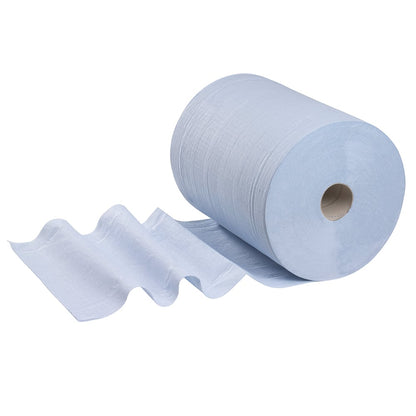A large WypAll® L20 paper wipe large roll in Blue from Kimberly-Clark GmbH, extra wide, partially unrolled at the perforation, with the rest around the core - ideal for maintenance work (1 roll x 500 sheets).