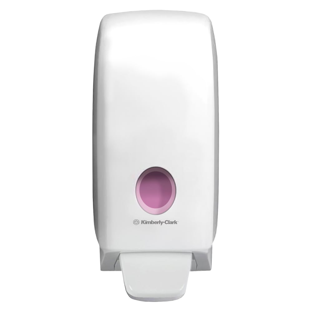A white Aquarius™ hand wash dispenser (1 L) from Kimberly-Clark GmbH, wall-mounted with visible pink liquid and a push lever at the bottom—ideal as a hygienic hand wash dispenser.