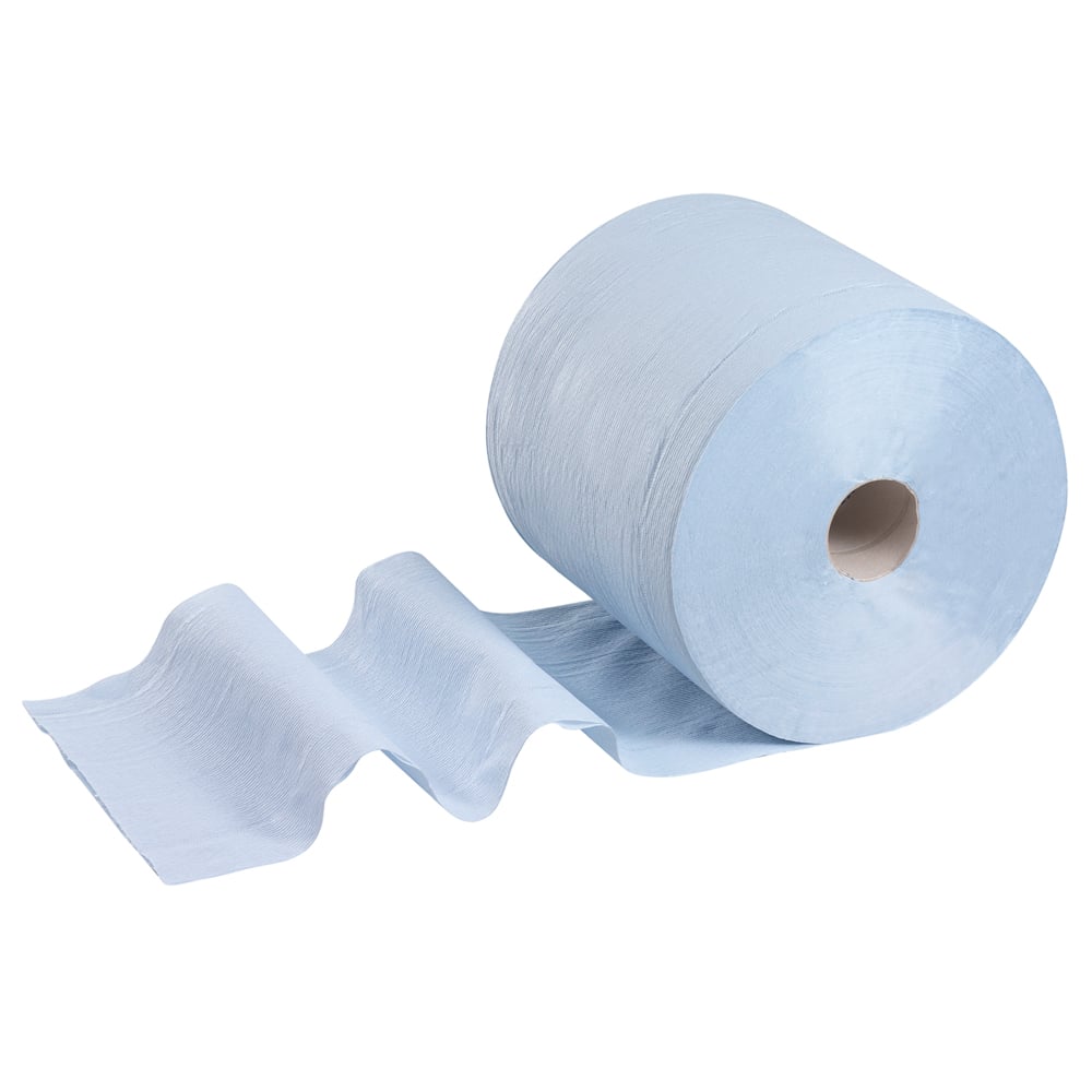 A large roll of Kimberly-Clark GmbH WypAll® L20 paper wipe for maintenance work - large roll, blue, 1 roll x 500 sheets, is partially unrolled on a white background - perfect for maintenance work.