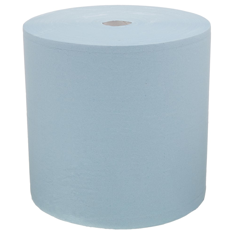 A large, extra-wide blue WypAll® L30 paper wipe large roll from Kimberly-Clark GmbH stands upright against a plain white background - ideal for demanding industrial cleaning tasks, with 1 roll of 670 sheets.