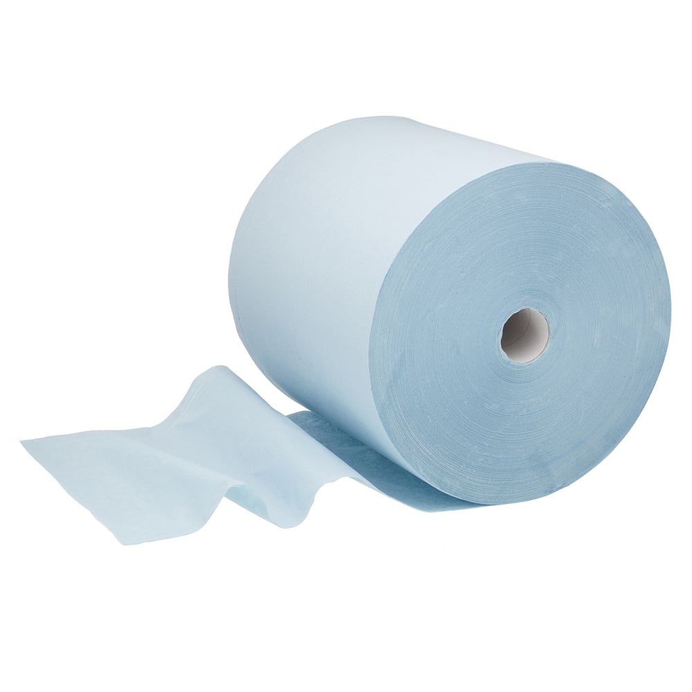 The WypAll® L30 large roll from Kimberly-Clark GmbH: extra-wide, blue paper wipe for industrial cleaning tasks, 1 roll with 670 wipes, depicted on a white background.